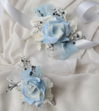 Load image into Gallery viewer, Baby blue &amp; white corsage &amp; buttonhole set AB1177 - School formal, prom, graduation, wedding
