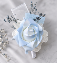 Load image into Gallery viewer, Baby blue &amp; white corsage &amp; buttonhole set AB1177 - School formal, prom, graduation, wedding
