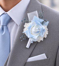 Load image into Gallery viewer, Baby blue &amp; white corsage &amp; buttonhole set AB1177 - School formal, prom, graduation, wedding

