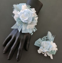 Load image into Gallery viewer, White &amp; baby blue corsage &amp; buttonhole set AB1178 - School formal, prom, graduation, wedding
