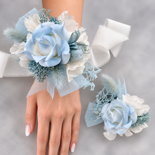 Load image into Gallery viewer, White &amp; baby blue corsage &amp; buttonhole set AB1178 - School formal, prom, graduation, wedding
