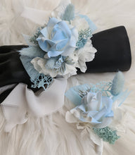 Load image into Gallery viewer, White &amp; baby blue corsage &amp; buttonhole set AB1178 - School formal, prom, graduation, wedding
