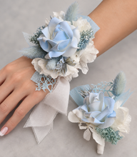 Load image into Gallery viewer, White &amp; baby blue corsage &amp; buttonhole set AB1178 - School formal, prom, graduation, wedding
