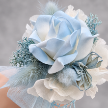 Load image into Gallery viewer, White &amp; baby blue corsage &amp; buttonhole set AB1178 - School formal, prom, graduation, wedding
