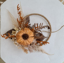 Load image into Gallery viewer, Handcrafted rustic orange preserved flowers boho hoop / cake topper – 5inch
