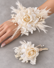 Load image into Gallery viewer, Elegant Boho peony off white everlasting flowers corsage &amp; buttonhole AB1198 - School formal, prom, graduation, wedding
