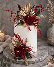 Load image into Gallery viewer, Burgundy, gold &amp; glitter floral cake topper - Wedding, engagement

