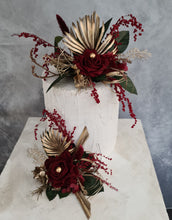 Load image into Gallery viewer, Burgundy, gold &amp; glitter floral cake topper - Wedding, engagement

