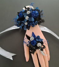 Load image into Gallery viewer, Preserved flowers corsage &amp; buttonhole black, blue &amp; silver AB2007  - School formal / wedding
