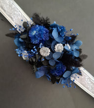Load image into Gallery viewer, Preserved flowers corsage &amp; buttonhole black, blue &amp; silver AB2007  - School formal / wedding
