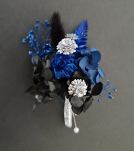 Load image into Gallery viewer, Preserved flowers corsage &amp; buttonhole black, blue &amp; silver AB2007  - School formal / wedding
