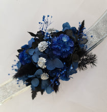 Load image into Gallery viewer, Preserved flowers corsage &amp; buttonhole black, blue &amp; silver AB2007  - School formal / wedding
