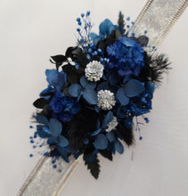 Load image into Gallery viewer, Preserved flowers corsage &amp; buttonhole black, blue &amp; silver AB2007  - School formal / wedding
