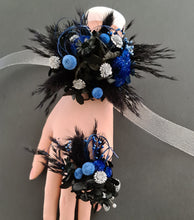 Load image into Gallery viewer, Preserved flowers corsage &amp; buttonhole black, blue &amp; silver AB2010  - School formal / wedding
