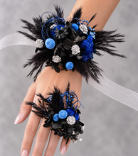 Load image into Gallery viewer, Preserved flowers corsage &amp; buttonhole black, blue &amp; silver AB2010  - School formal / wedding
