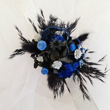 Load image into Gallery viewer, Preserved flowers corsage &amp; buttonhole black, blue &amp; silver AB2010  - School formal / wedding

