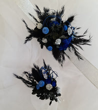 Load image into Gallery viewer, Preserved flowers corsage &amp; buttonhole black, blue &amp; silver AB2010  - School formal / wedding
