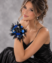 Load image into Gallery viewer, Preserved flowers corsage &amp; buttonhole black, blue &amp; silver AB2010  - School formal / wedding
