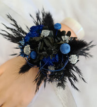 Load image into Gallery viewer, Preserved flowers corsage &amp; buttonhole black, blue &amp; silver AB2010  - School formal / wedding
