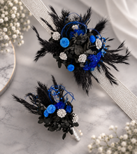 Load image into Gallery viewer, Preserved flowers corsage &amp; buttonhole black, blue &amp; silver AB2010  - School formal / wedding
