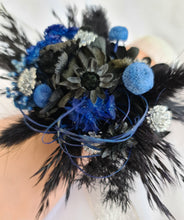 Load image into Gallery viewer, Preserved flowers corsage &amp; buttonhole black, blue &amp; silver AB2010  - School formal / wedding
