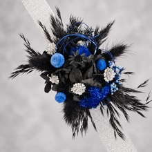 Load image into Gallery viewer, Preserved flowers corsage &amp; buttonhole black, blue &amp; silver AB2010  - School formal / wedding
