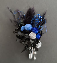 Load image into Gallery viewer, Preserved flowers corsage &amp; buttonhole black, blue &amp; silver AB2010  - School formal / wedding
