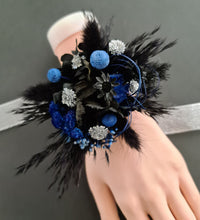 Load image into Gallery viewer, Preserved flowers corsage &amp; buttonhole black, blue &amp; silver AB2010  - School formal / wedding
