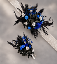 Load image into Gallery viewer, Preserved flowers corsage &amp; buttonhole black, blue &amp; silver AB2010  - School formal / wedding
