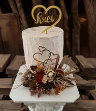 Load image into Gallery viewer, Rustic preserved / dry flowers cake topper w love hearts - engagement, wedding
