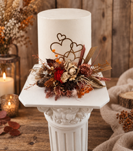 Load image into Gallery viewer, Rustic preserved / dry flowers cake topper w love hearts - engagement, wedding
