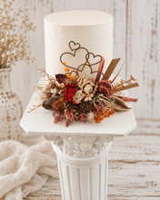 Load image into Gallery viewer, Rustic preserved / dry flowers cake topper w love hearts - engagement, wedding
