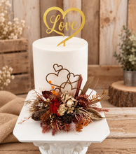 Load image into Gallery viewer, Rustic preserved / dry flowers cake topper w love hearts - engagement, wedding
