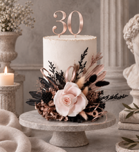 Load image into Gallery viewer, Black, pink, rose gold preserved rose cake topper – birthday, anniversary, graduation cake
