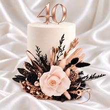 Load image into Gallery viewer, Black, pink, rose gold preserved rose cake topper – birthday, anniversary, graduation cake
