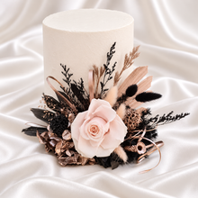 Load image into Gallery viewer, Black, pink, rose gold preserved rose cake topper – birthday, anniversary, graduation cake
