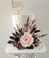 Load image into Gallery viewer, Black, pink, rose gold preserved rose cake topper – birthday, anniversary, graduation cake
