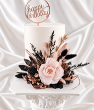 Load image into Gallery viewer, Black, pink, rose gold preserved rose cake topper – birthday, anniversary, graduation cake
