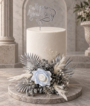 Load image into Gallery viewer, Silver blue everlasting flowers cake topper – baby shower, birthday, graduation
