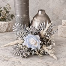 Load image into Gallery viewer, Silver blue everlasting flowers cake topper – baby shower, birthday, graduation
