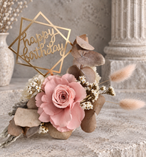 Load image into Gallery viewer, Happy Birthday Dusty pink preserved rose cake topper floral arrangement

