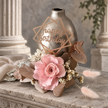 Load image into Gallery viewer, Happy Birthday Dusty pink preserved rose cake topper floral arrangement
