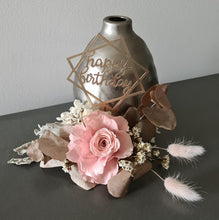 Load image into Gallery viewer, Happy Birthday Dusty pink preserved rose cake topper floral arrangement
