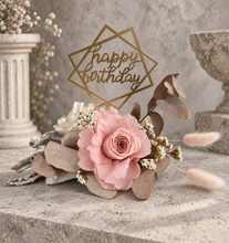 Load image into Gallery viewer, Happy Birthday Dusty pink preserved rose cake topper floral arrangement

