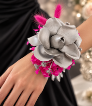 Load image into Gallery viewer, Hot pink fuchsia &amp; silver everlasting flowers snap lock corsage AB2033 - School formal, prom, graduation
