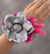 Load image into Gallery viewer, Hot pink fuchsia &amp; silver everlasting flowers snap lock corsage AB2033 - School formal, prom, graduation
