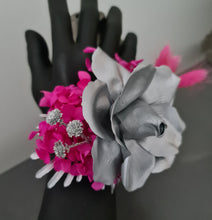 Load image into Gallery viewer, Hot pink fuchsia &amp; silver everlasting flowers snap lock corsage AB2033 - School formal, prom, graduation
