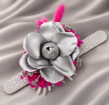 Load image into Gallery viewer, Hot pink fuchsia &amp; silver everlasting flowers snap lock corsage AB2033 - School formal, prom, graduation
