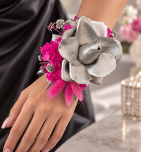 Load image into Gallery viewer, Hot pink fuchsia &amp; silver everlasting flowers snap lock corsage AB2033 - School formal, prom, graduation
