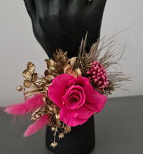 Load image into Gallery viewer, Gold &amp; Hot pink fuchsia preserved rose snap lock corsage AB2034 - School formal, prom, graduation
